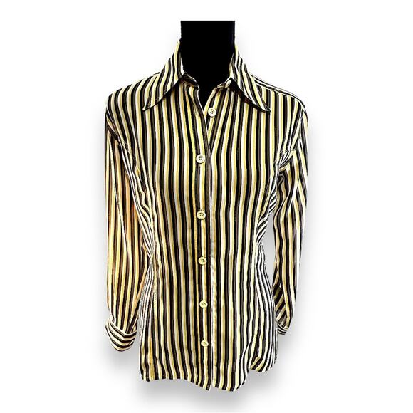FENDI VTG  Yellow Wh Brown & Black Stripe  Shirt FENDI LOGO fabric & buttons 38 - Picture 3 of 15